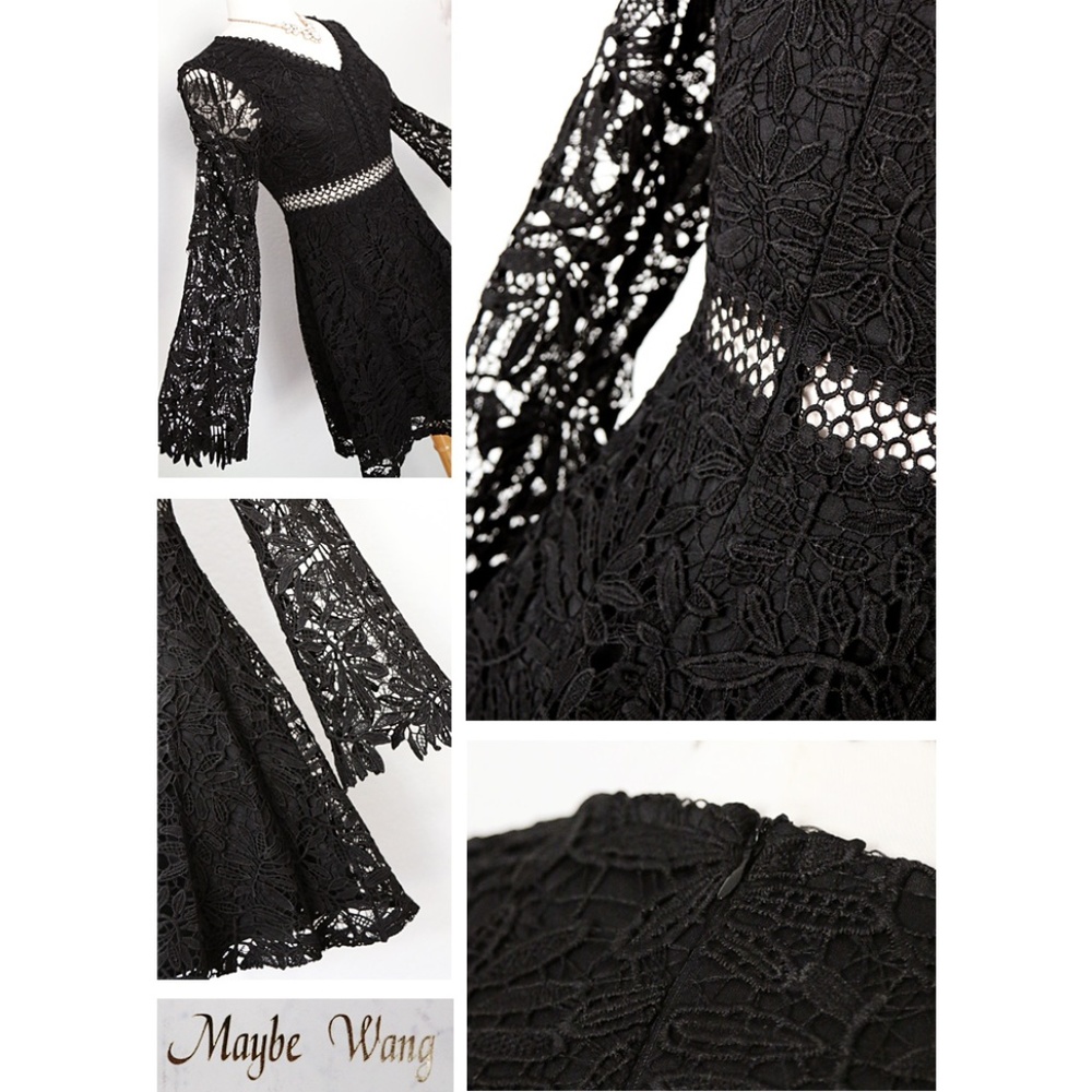 Black Crochet Lace Overlay Fit Flared Skater Dress - Picture 4 of 8